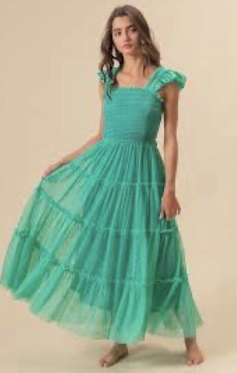 BiBi Dresses & Skirts - Bibi Smocked Tulle Tiered Jade Green Maxi Dress XL Cocktail Formal